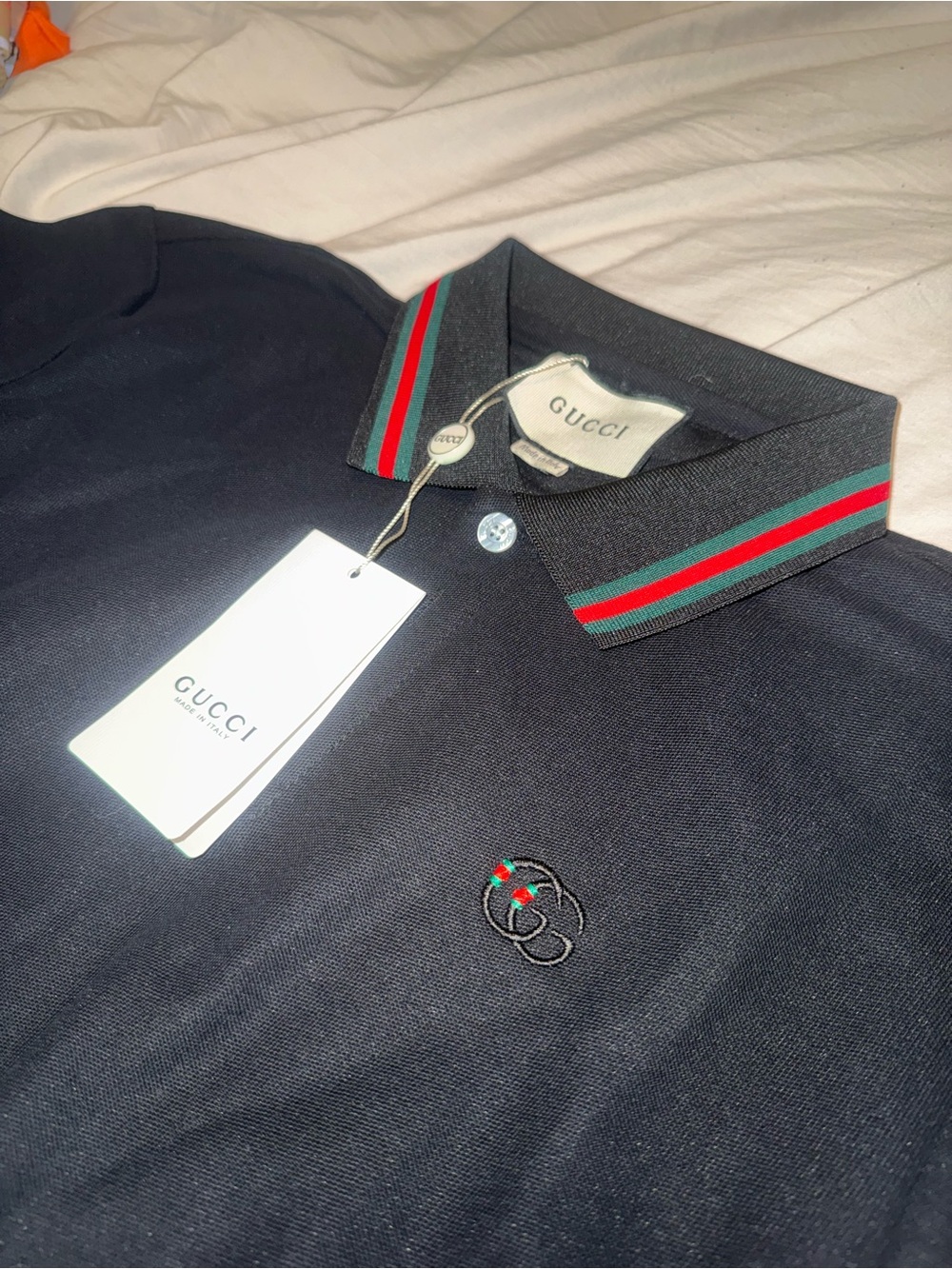 Gucci Men's Black Polo with Signature Green-Red Stripe Collar